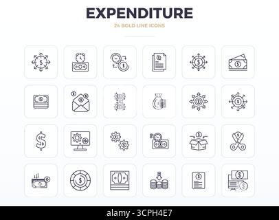 Precision-engineered 24 Strong Outline vector icons for Expenditure, designed at 128x128 PIXEL perfect resolution for exceptional clarity and scalabil Stock Vector