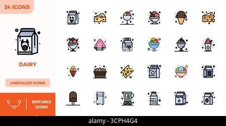 Essential pack of 24 PIXEL perfect vector icons for Dairy in Flat Lineal Color format, sized at 128x128 for optimal performance and scalability. Stock Vector