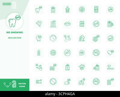 Collection of 36 Bold Line PIXEL perfect vector icons for No Smoking, designed in 128x128 format for clarity and versatility. Stock Vector