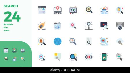 Artfully designed 24 Flat PIXEL perfect vector icons for Search, delivered in 128x128 format for consistent visual excellence. Stock Vector