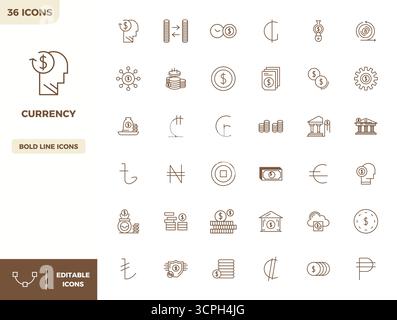 Essential pack of 36 PIXEL perfect vector icons for Currency in Heavy Line format, sized at 128x128 for optimal performance and scalability. Stock Vector