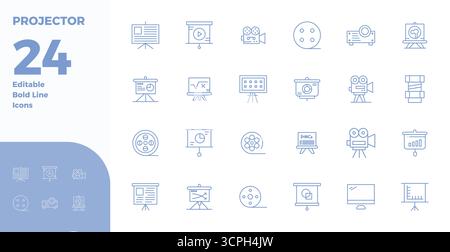 Essential pack of 24 PIXEL perfect vector icons for Projector in Bold Line format, sized at 128x128 for optimal performance and scalability. Stock Vector