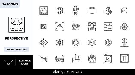 Advanced collection of 24 PIXEL perfect vector icons inspired by Perspective, crafted in Heavy Line with 128x128 optimization for superior visual perf Stock Vector