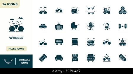 A dynamic set of 24 vector icons in Filled, tailored for Wheels with 128x128 PIXEL perfect quality suited for digital products. Stock Vector