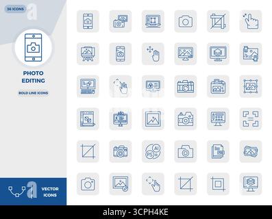 Enhance your projects with 36 Bold Line vector icons themed around Photo Editing, featuring 128x128 PIXEL perfect resolution ideal for clean and profe Stock Vector