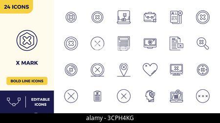 Set of 24 Heavy Line PIXEL perfect vector icons themed around X Mark, crafted in 128x128 resolution for seamless integration in apps and websites. Stock Vector