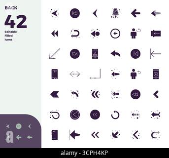 Exclusive collection of 42 Glyph Filled vector icons for Back, developed with 128x128 PIXEL perfect resolution for premium brand experiences. Stock Vector