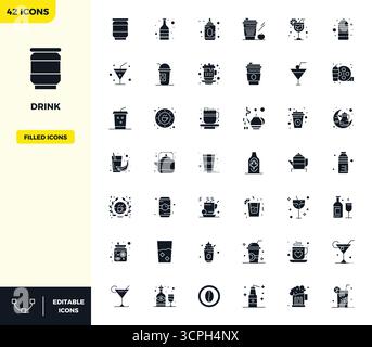 Refined bundle featuring 42 Filled vector icons for Drink, optimized with 128x128 PIXEL perfect quality for elegant and functional design solutions. Stock Vector