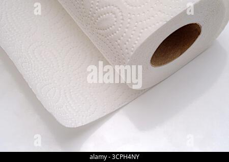 A close-up view of a roll of kitchen disposable towel. Towel roll textured surface and cardboard core. Selective focus. Stock Photo