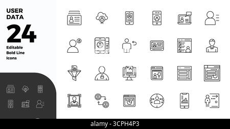 Download 24 scalable Bold Line vector icons designed for User Data, featuring PIXEL perfect 128x128 resolution suitable for professional and creative Stock Vector