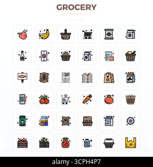 This collection features 36 LineFill PIXEL perfect vector icons tailored to the Grocery theme, optimized in 128x128 format for digital design. Stock Vector