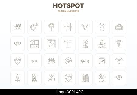 A dynamic set of 28 vector icons in Thin Outline, tailored for Hotspot with 128x128 PIXEL perfect quality suited for digital products. Stock Vector