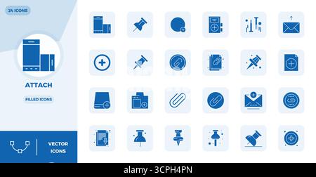 Perfectly balanced 24 Filled PIXEL perfect vector icons for Attach, sized at 128x128 for harmonious integration in digital design projects. Stock Vector