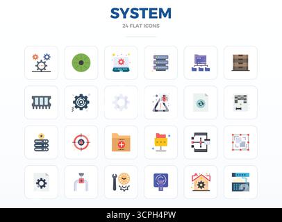 A clean collection of 24 Minimal Flat vector icons representing System, designed in 128x128 PIXEL perfect format for modern dashboards and interfaces. Stock Vector