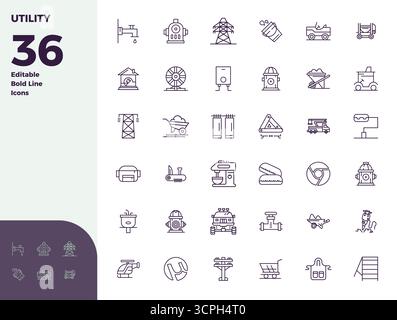 Future-ready pack of 36 vector icons themed around Utility, showcasing Bold Line design with 128x128 PIXEL perfect clarity for innovative user interfa Stock Vector