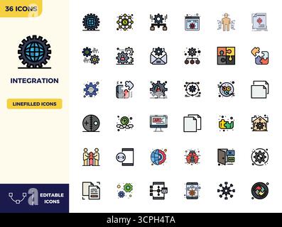 Vector pack with 36 Flat Lineal Color PIXEL perfect icons inspired by Integration, delivered in 128x128 resolution ideal for scalable and creative des Stock Vector