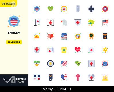 Revolutionary set of 36 PIXEL perfect vector icons inspired by Emblem, created in Flat Color format at 128x128 resolution for cutting-edge design. Stock Vector