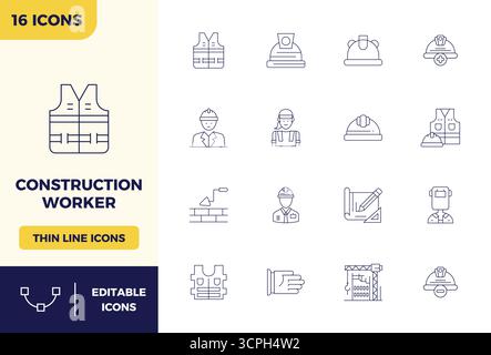 Collection of 16 Minimal Line PIXEL perfect vector icons for Construction Worker, designed in 128x128 format for clarity and versatility. Stock Vector