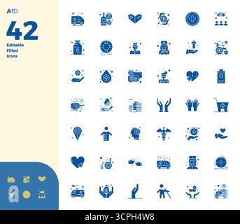Collection of 42 Glyph Filled PIXEL perfect vector icons for Aid, designed in 128x128 format for clarity and versatility. Stock Vector