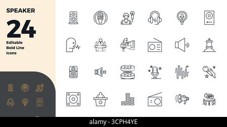 Essential pack of 24 PIXEL perfect vector icons for Speaker in Bold Line format, sized at 128x128 for optimal performance and scalability. Stock Vector