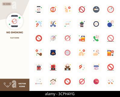 Meticulously crafted 36 Flat vector icons for No Smoking, delivered in 128x128 PIXEL perfect quality for uncompromising design standards. Stock Vector