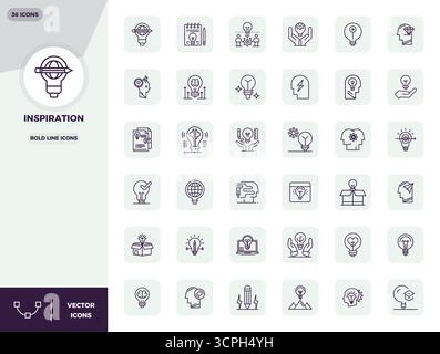 Industry-leading pack of 36 Bold Line PIXEL perfect vector icons for Inspiration, sized at 128x128 for optimal rendering and user interface excellence Stock Vector