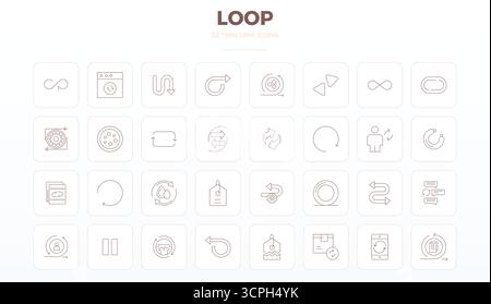 This collection features 32 Thin Outline PIXEL perfect vector icons tailored to the Loop theme, optimized in 128x128 format for digital design. Stock Vector