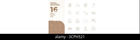 Strategic bundle featuring 16 vector icons representing Social Network in Thin Line format, optimized with 128x128 PIXEL perfect quality for professio Stock Vector