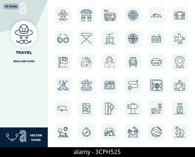 Handcrafted collection featuring 36 Bold Line vector icons for Travel, optimized in 128x128 PIXEL perfect resolution for premium digital experiences. Stock Vector