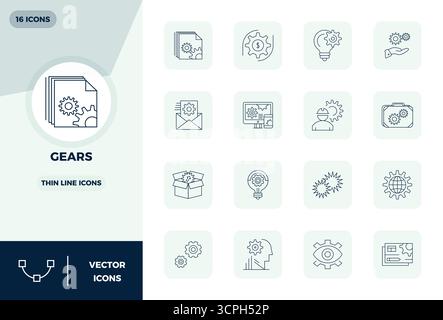 Strategic bundle featuring 16 vector icons representing Gears in Thin Line format, optimized with 128x128 PIXEL perfect quality for professional workf Stock Vector