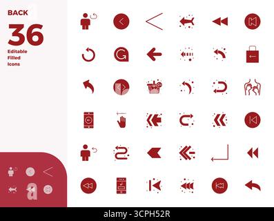 State-of-the-art bundle featuring 36 PIXEL perfect vector icons inspired by Back, created in Glyph Filled format at 128x128 for next-generation interf Stock Vector