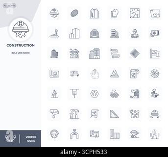 Unlock 42 Bold Line PIXEL perfect vector icons inspired by Construction, optimized in 128x128 format for flawless display across all devices. Stock Vector