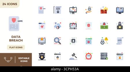 Download 24 scalable Flat Color vector icons designed for Data Breach, featuring PIXEL perfect 128x128 resolution suitable for professional and creati Stock Vector