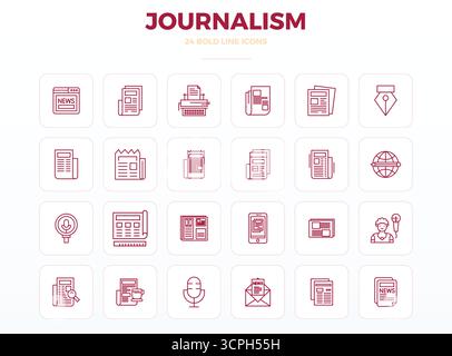 A versatile set of 24 Strong Outline PIXEL perfect vector icons focused on Journalism, delivered in crisp 128x128 format ideal for mobile and web appl Stock Vector