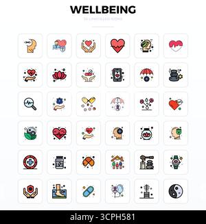 Curated pack of 36 128x128 vector icons in LineFill design, centered around Wellbeing concepts with PIXEL perfect clarity. Stock Vector