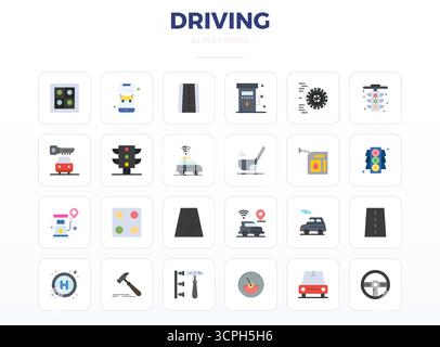 Perfectly balanced 24 Minimal Flat PIXEL perfect vector icons for Driving, sized at 128x128 for harmonious integration in digital design projects. Stock Vector