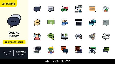 A versatile set of 24 Flat Lineal Color PIXEL perfect vector icons focused on Online Forum, delivered in crisp 128x128 format ideal for mobile and web Stock Vector