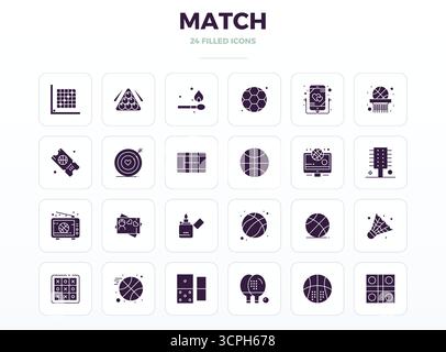 Curated pack of 24 128x128 vector icons in SolidFill design, centered around Match concepts with PIXEL perfect clarity. Stock Vector