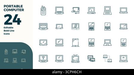 Advanced collection of 24 PIXEL perfect vector icons inspired by Portable Computer, crafted in Bold Line with 128x128 optimization for superior visual Stock Vector