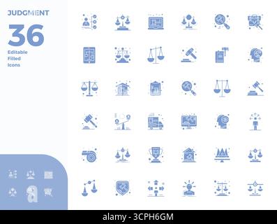 Handcrafted collection featuring 36 Glyph Filled vector icons for Judgment, optimized in 128x128 PIXEL perfect resolution for premium digital experien Stock Vector