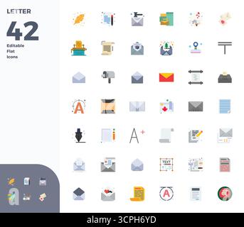 Contemporary collection of 42 vector icons representing Letter in Flat aesthetic, featuring 128x128 PIXEL perfect resolution for modern application de Stock Vector