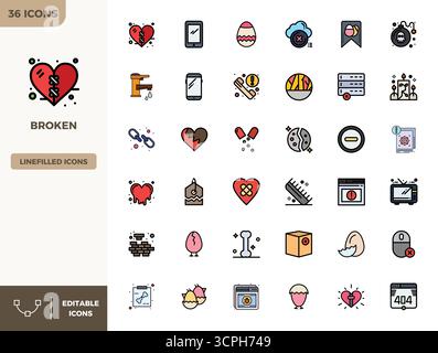 Transform your designs with 36 Flat Lineal Color vector icons themed around Broken, engineered in 128x128 PIXEL perfect resolution for maximum clarity Stock Vector