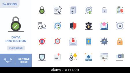 Artfully designed 24 Flat Color PIXEL perfect vector icons for Data Protection, delivered in 128x128 format for consistent visual excellence. Stock Vector