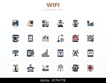 Distinctive pack of 24 PIXEL perfect vector icons inspired by WiFi, crafted in LineFill format at 128x128 for memorable brand experiences. Stock Vector