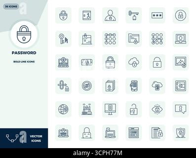 Expertly designed 36 Bold Line PIXEL perfect vector icons for Password, engineered at 128x128 resolution for flawless integration and performance. Stock Vector