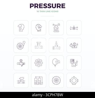 Refined bundle featuring 16 Thin Outline vector icons for Pressure, optimized with 128x128 PIXEL perfect quality for elegant and functional design sol Stock Vector