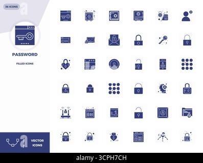 Expertly designed 36 Filled PIXEL perfect vector icons for Password, engineered at 128x128 resolution for flawless integration and performance. Stock Vector