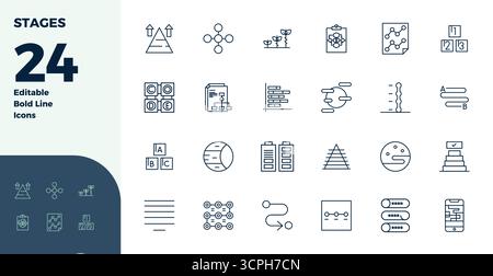 Thoughtfully designed 24 vector icons themed around Stages, crafted in Bold Line with 128x128 PIXEL perfect precision for contemporary design needs. Stock Vector
