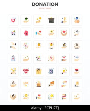Revolutionary set of 42 PIXEL perfect vector icons inspired by Donation, created in Minimal Flat format at 128x128 resolution for cutting-edge design. Stock Vector