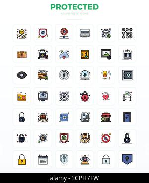 Beautifully rendered 42 LineFill PIXEL perfect vector icons for Protected, created at 128x128 resolution for stunning visual consistency across platfo Stock Vector